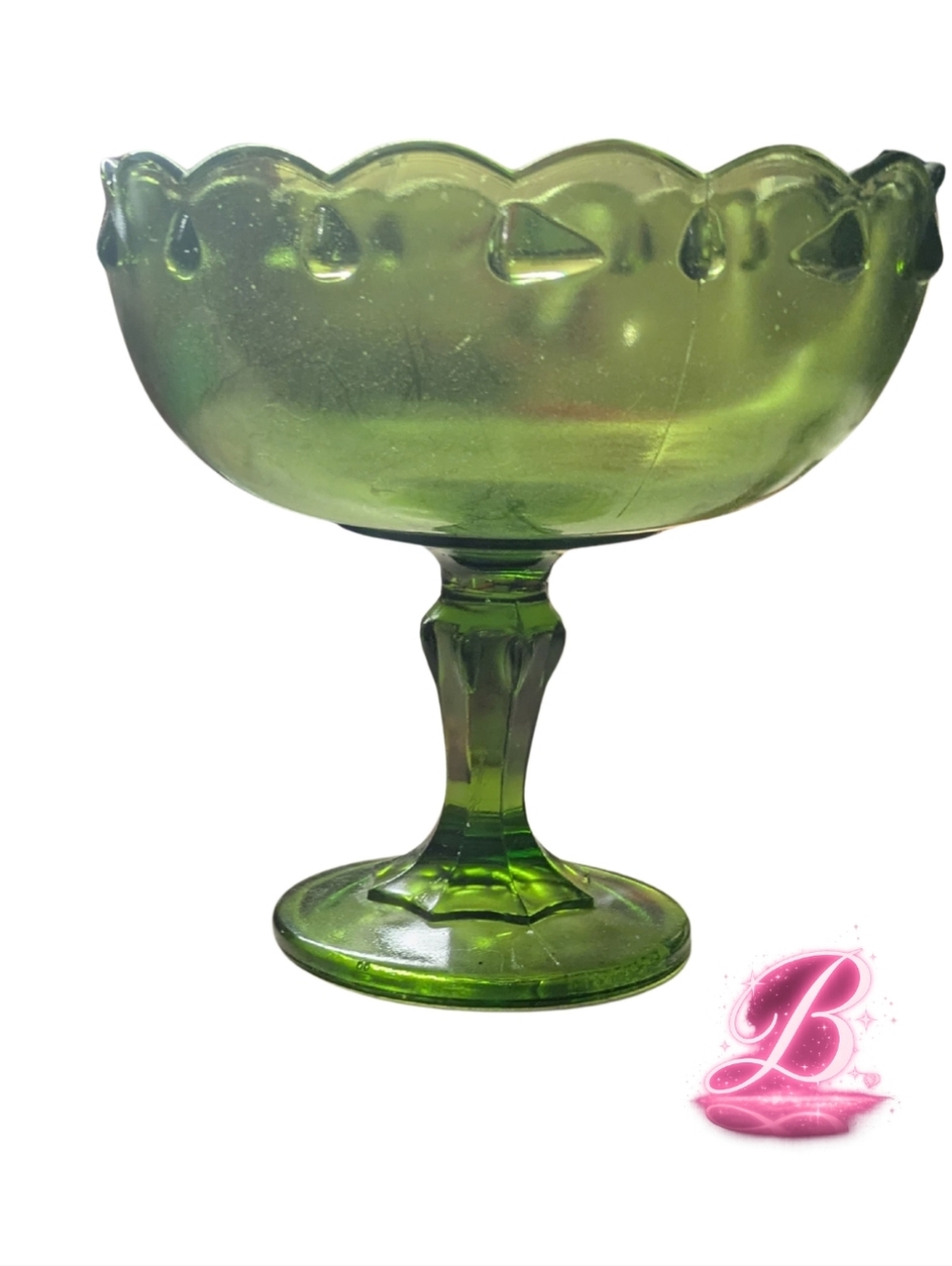 Vintage Green Pressed Glass Pedestal Bowl